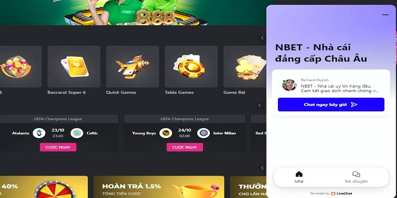 Liên hệ NBET qua live chat tại nhà cái