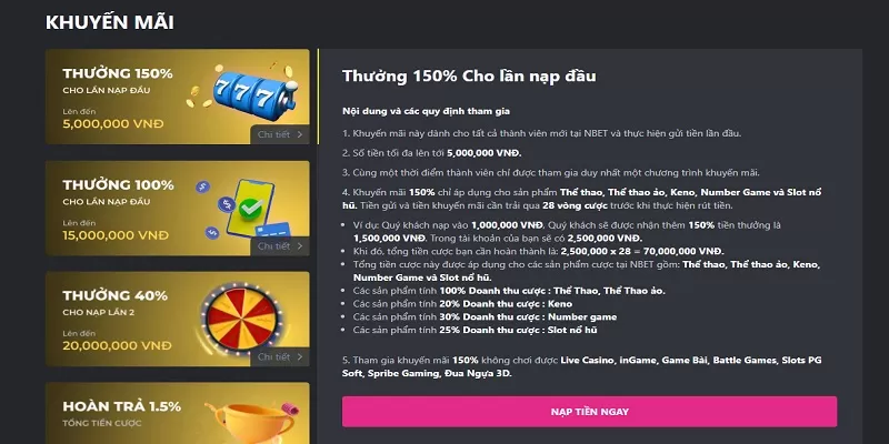 Nhận 150% tiền nạp trong lần đầu tiên